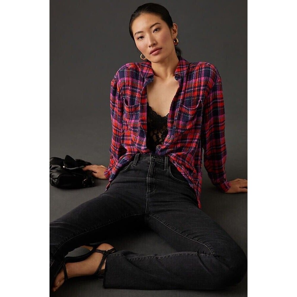 Pilcro Anthropologie Pink/Purple/Red Plaid Button Down Top Size XXS GUC!!